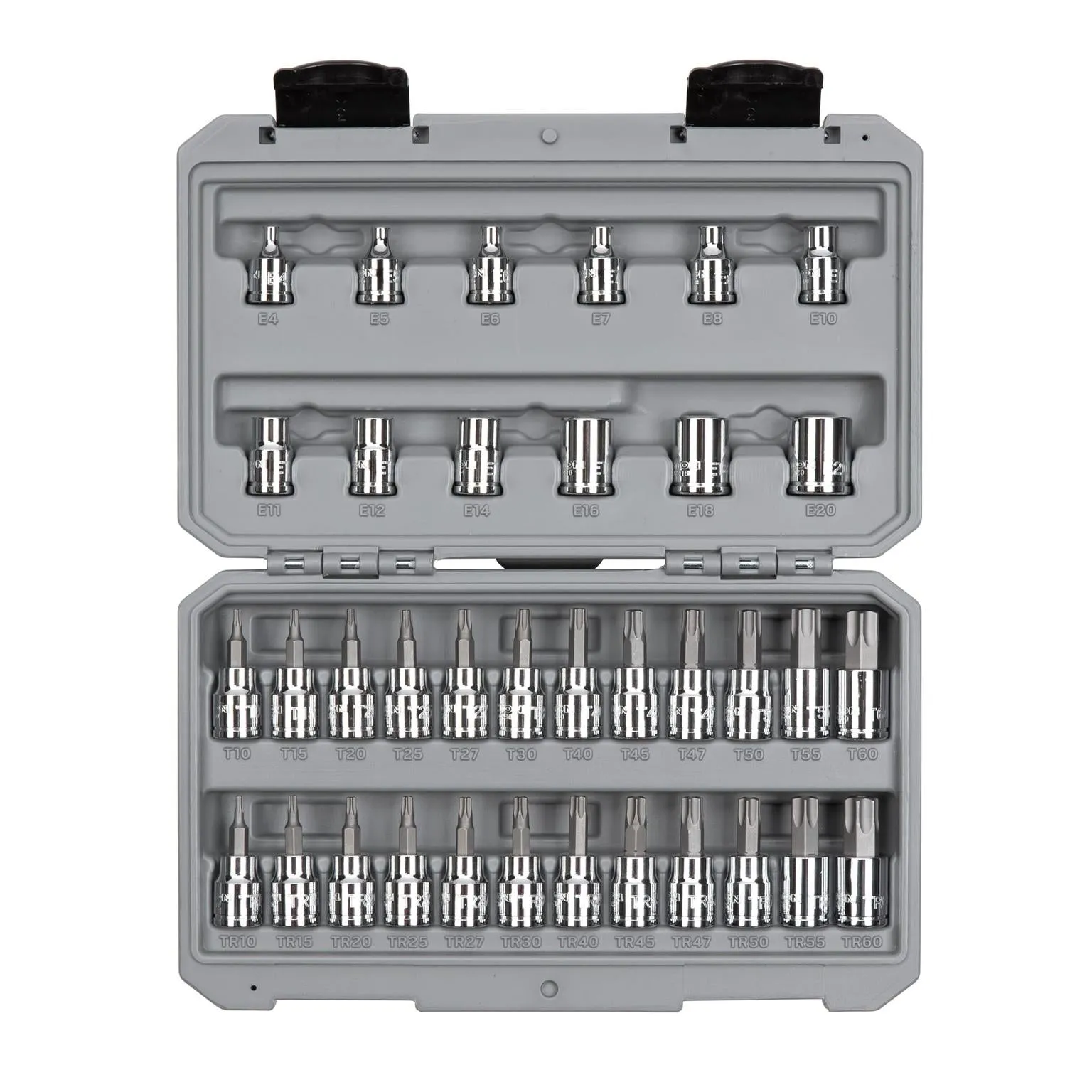 3/8 Inch Drive Torx/TR Torx Bit & External Star Socket Set. 36-Piece (T10-T60. TR10-TR60. E4-E20)